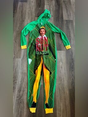 ELF Green and Yellow Adult One-Piece Hooded Zip Up Pajamas Size Medium